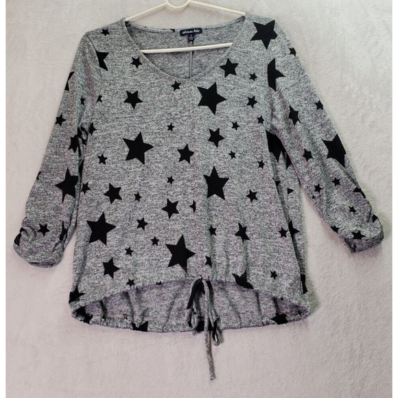 Olivia Blu Sweater Women Small Gray Star Print Knit Polyester Long Sleeve V Neck - Picture 1 of 9